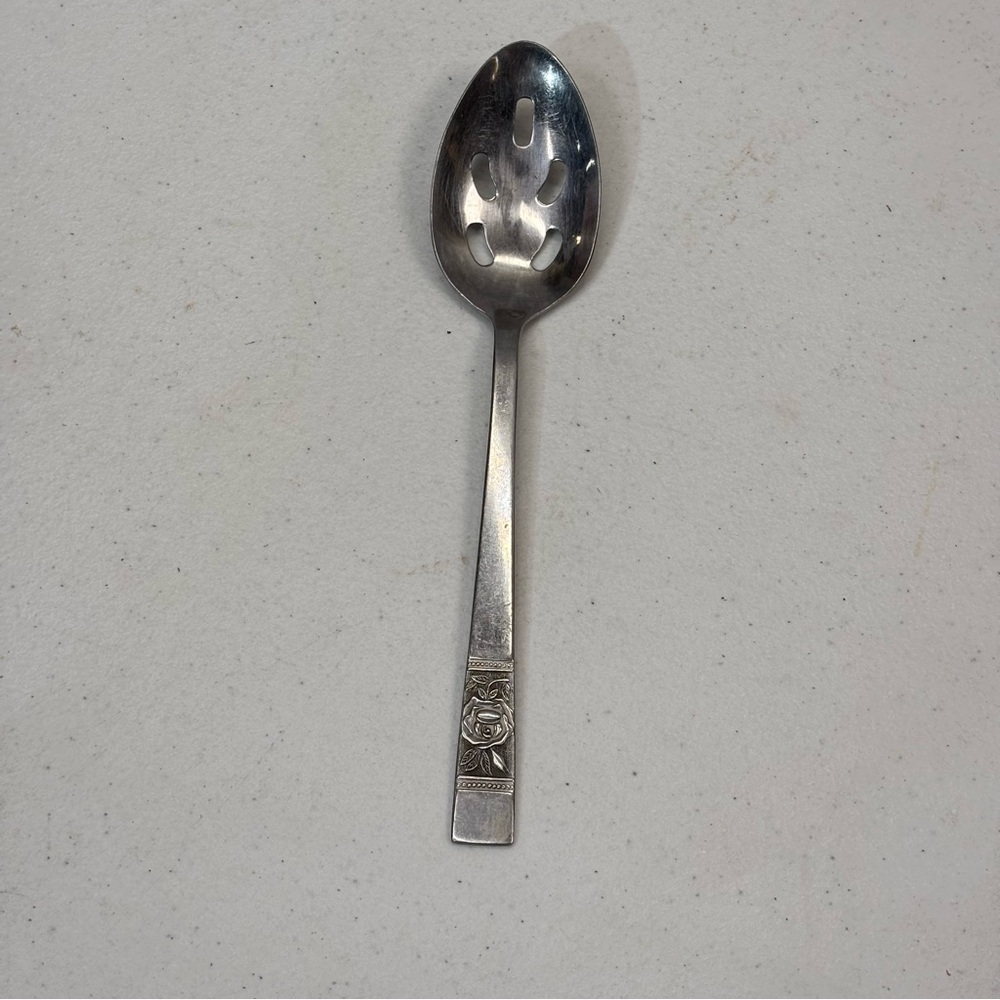 Lauren Stainless By National Stainless Slotted Spoon Rose Design Silver